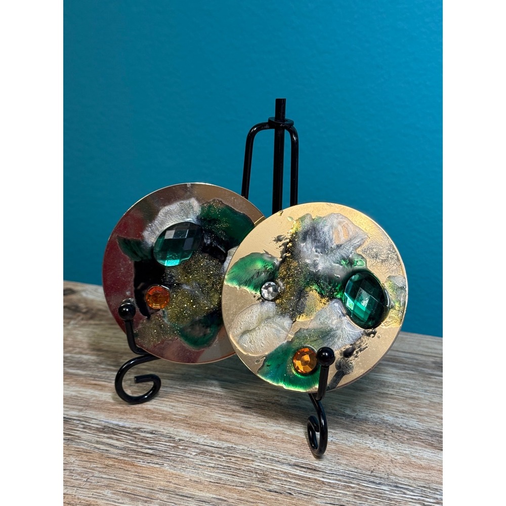 Vintage Handmade Abstract Disc Earrings Green Gold Resin Artisan Statement - Picture 4 of 9